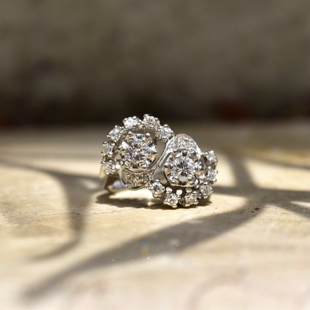 Dazzling 14K White Gold Double Bypass Diamond Cluster Ring, .92 TCW, Harold Freeman EREV, Size 7 US