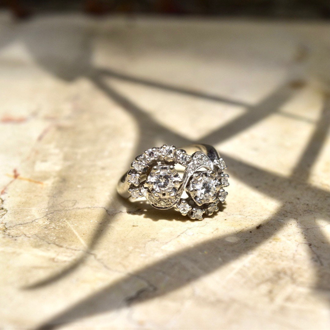 Dazzling 14K White Gold Double Bypass Diamond Cluster Ring, .92 TCW, Harold Freeman EREV, Size 7 US