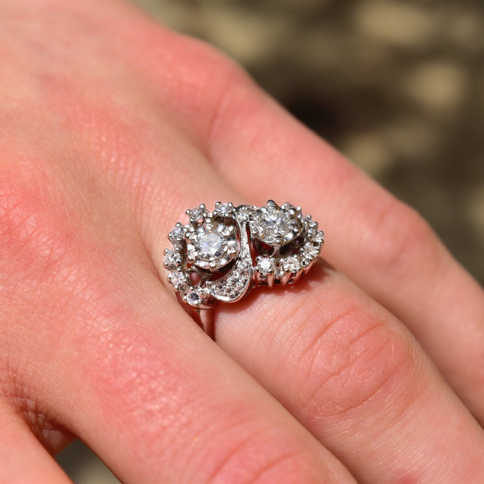 Dazzling 14K White Gold Double Bypass Diamond Cluster Ring, .92 TCW, Harold Freeman EREV, Size 7 US