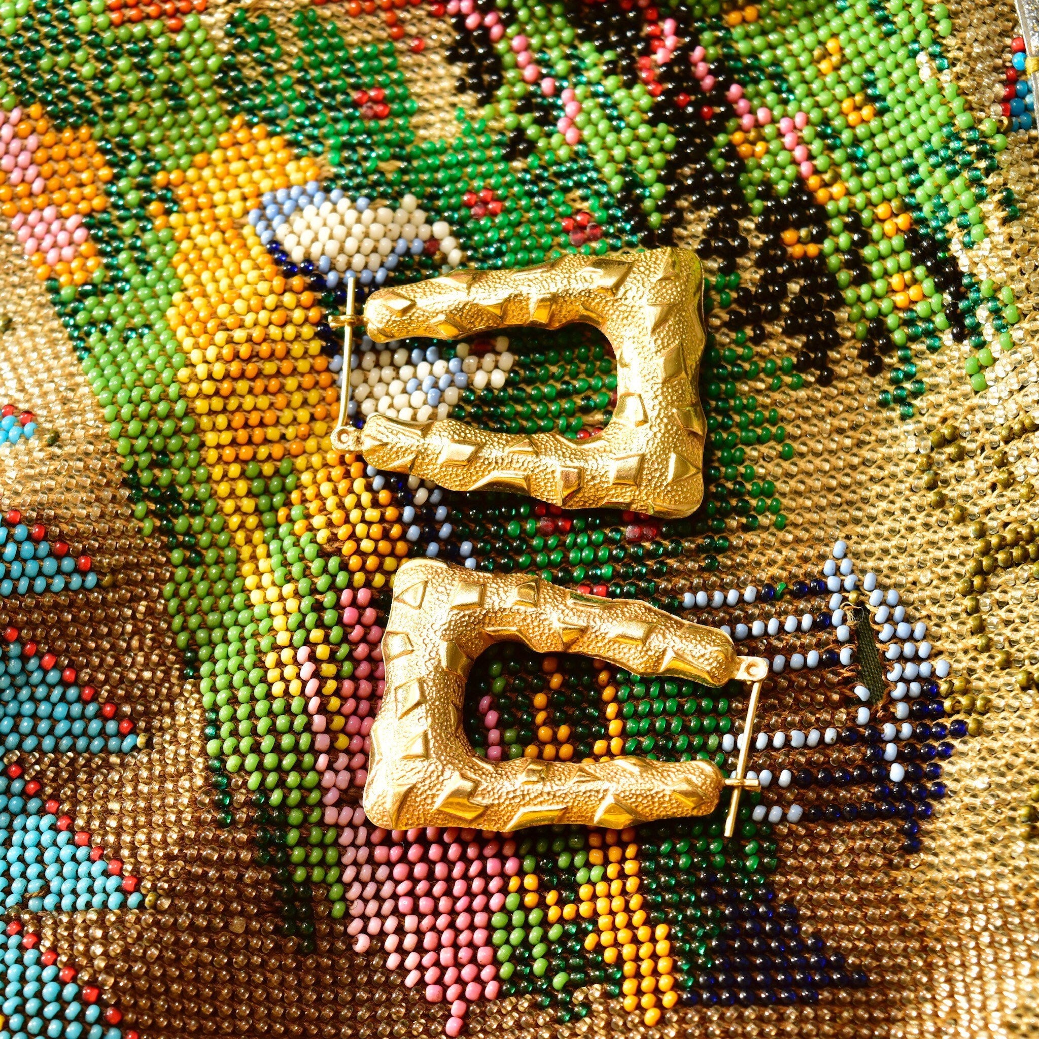 14K Rectangle Hoops W/ Textured Pattern Design, Thick Gold Hoops, Stylish Earrings, 1 3/8 L
