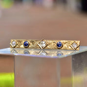 Antique Art Nouveau 14K Gold Diamond Sapphire Bar Pin, Hand Engraved Scroll Designs, Old Mine Cut Diamonds, Blue Sapphire Accents, 45mm