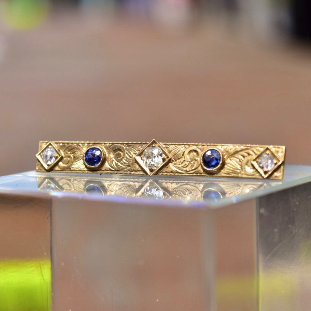 Antique Art Nouveau 14K Gold Diamond Sapphire Bar Pin, Hand Engraved Scroll Designs, Old Mine Cut Diamonds, Blue Sapphire Accents, 45mm