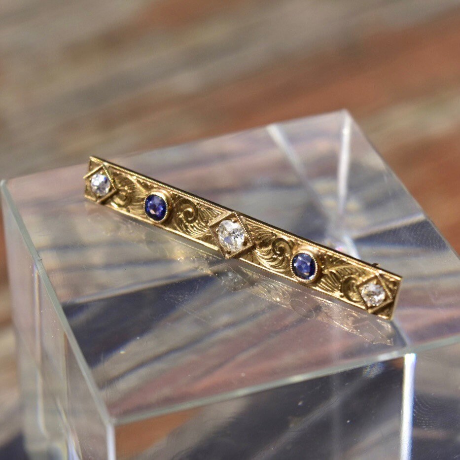 Antique Art Nouveau 14K Gold Diamond Sapphire Bar Pin, Hand Engraved Scroll Designs, Old Mine Cut Diamonds, Blue Sapphire Accents, 45mm