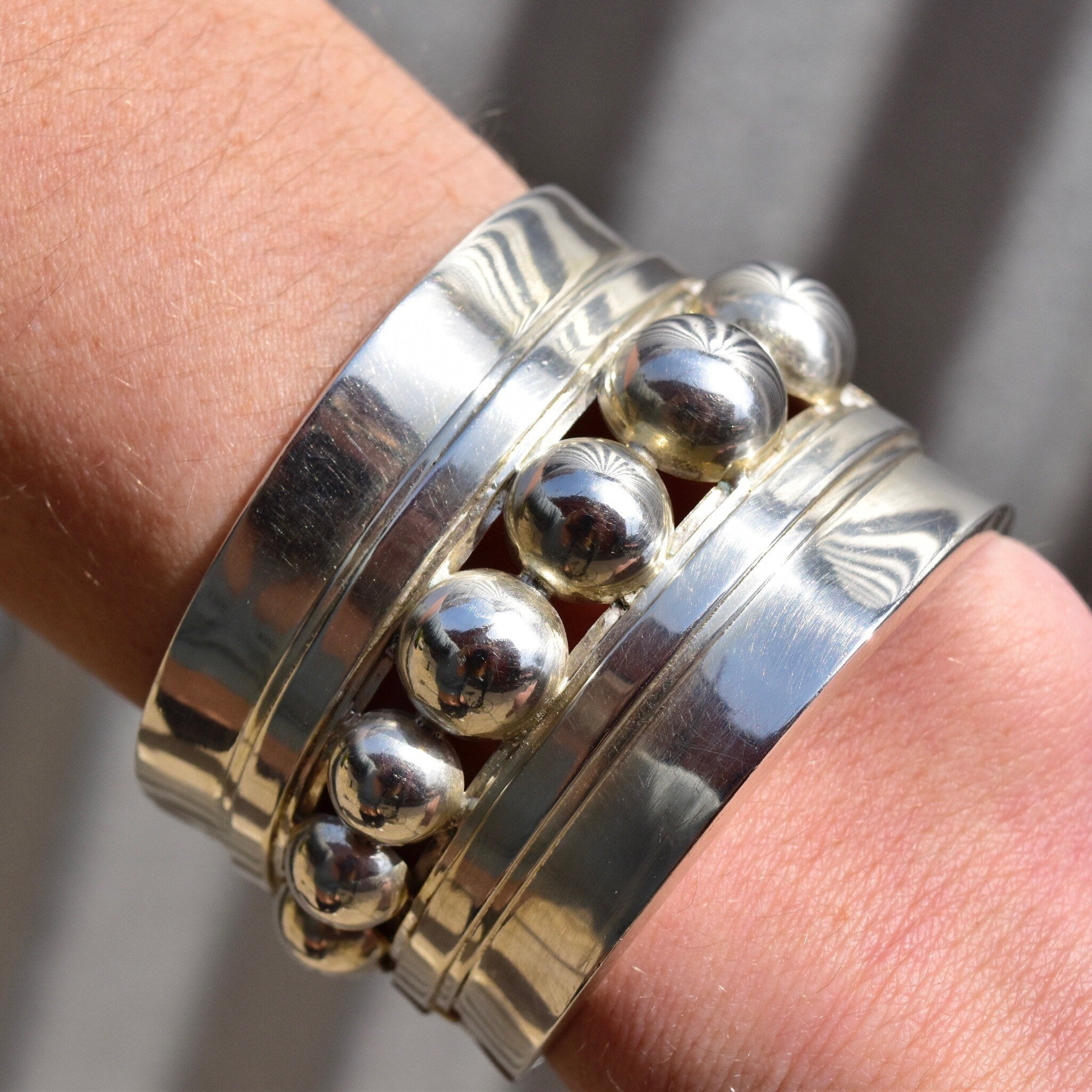 Vintage TAXCO Asymmetric Sterling Silver Clamper Cuff, Graduated Sphere Embellished Cuff, 925 Mexico TV-70, Alfred Villasana, 6 3/4" L