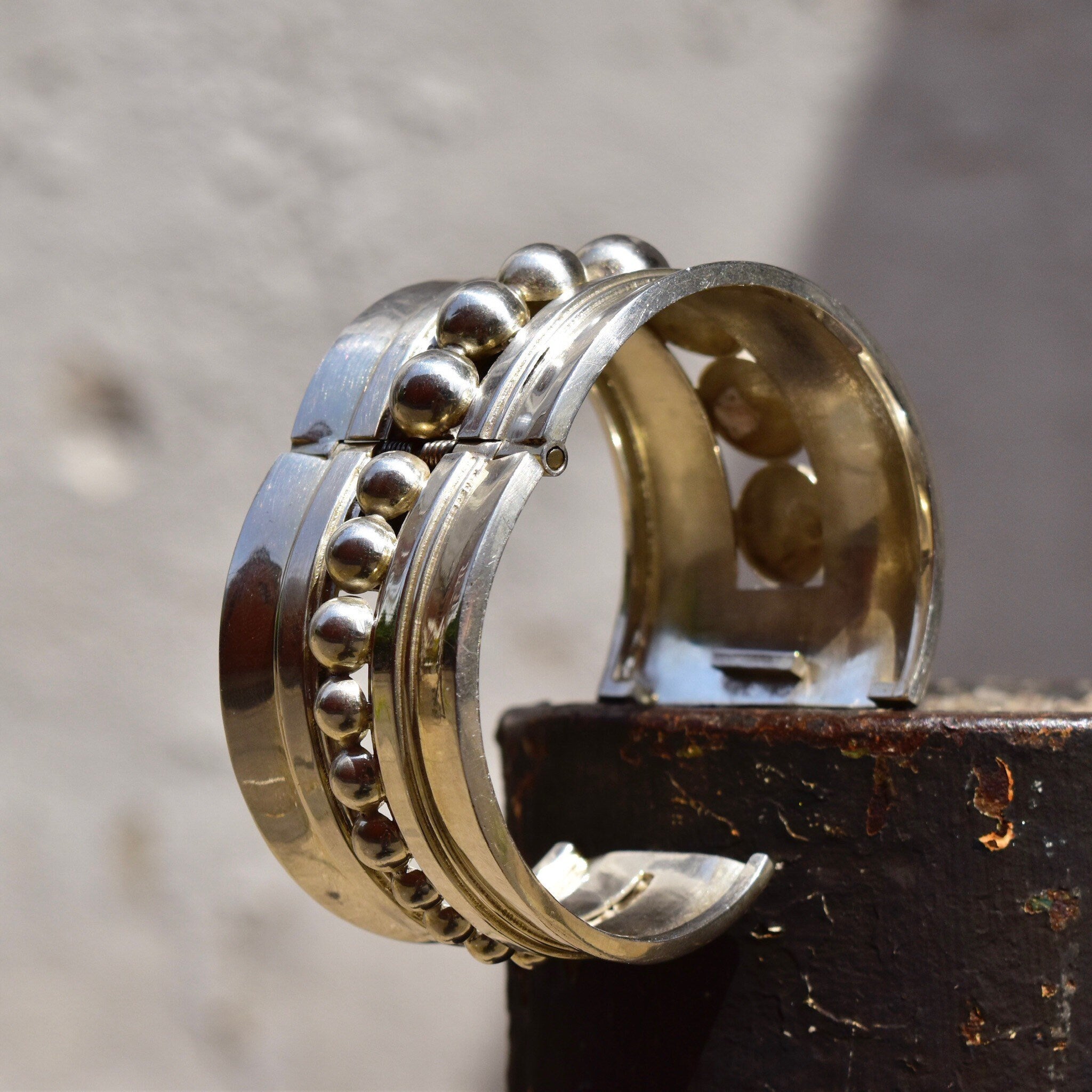 Vintage TAXCO Asymmetric Sterling Silver Clamper Cuff, Graduated Sphere Embellished Cuff, 925 Mexico TV-70, Alfred Villasana, 6 3/4" L