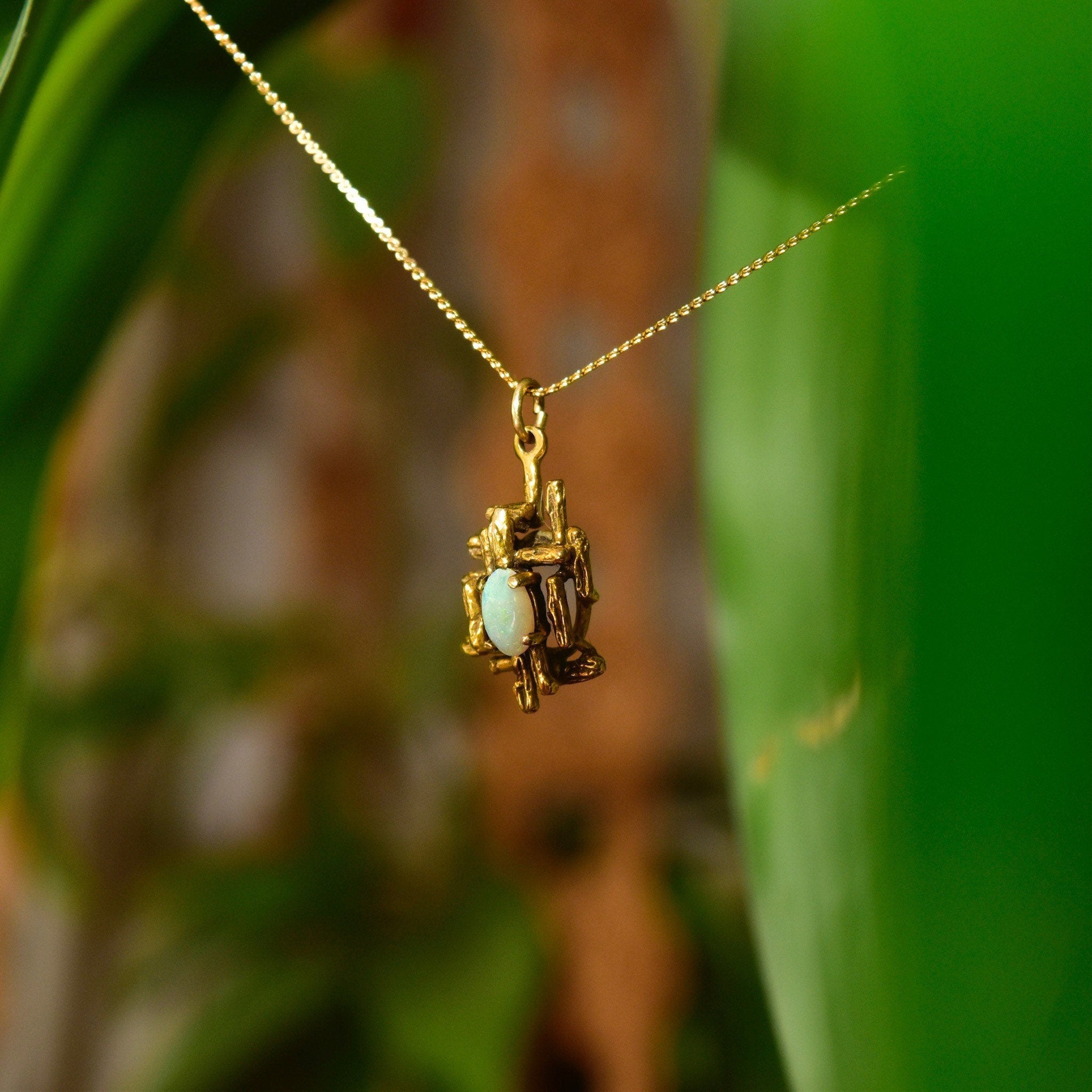 Vintage Brutalist 10K Gold Opal Mini Pendant, Organic Modernist, White Opal Cabochon, Cute Gold Charm, 24mm