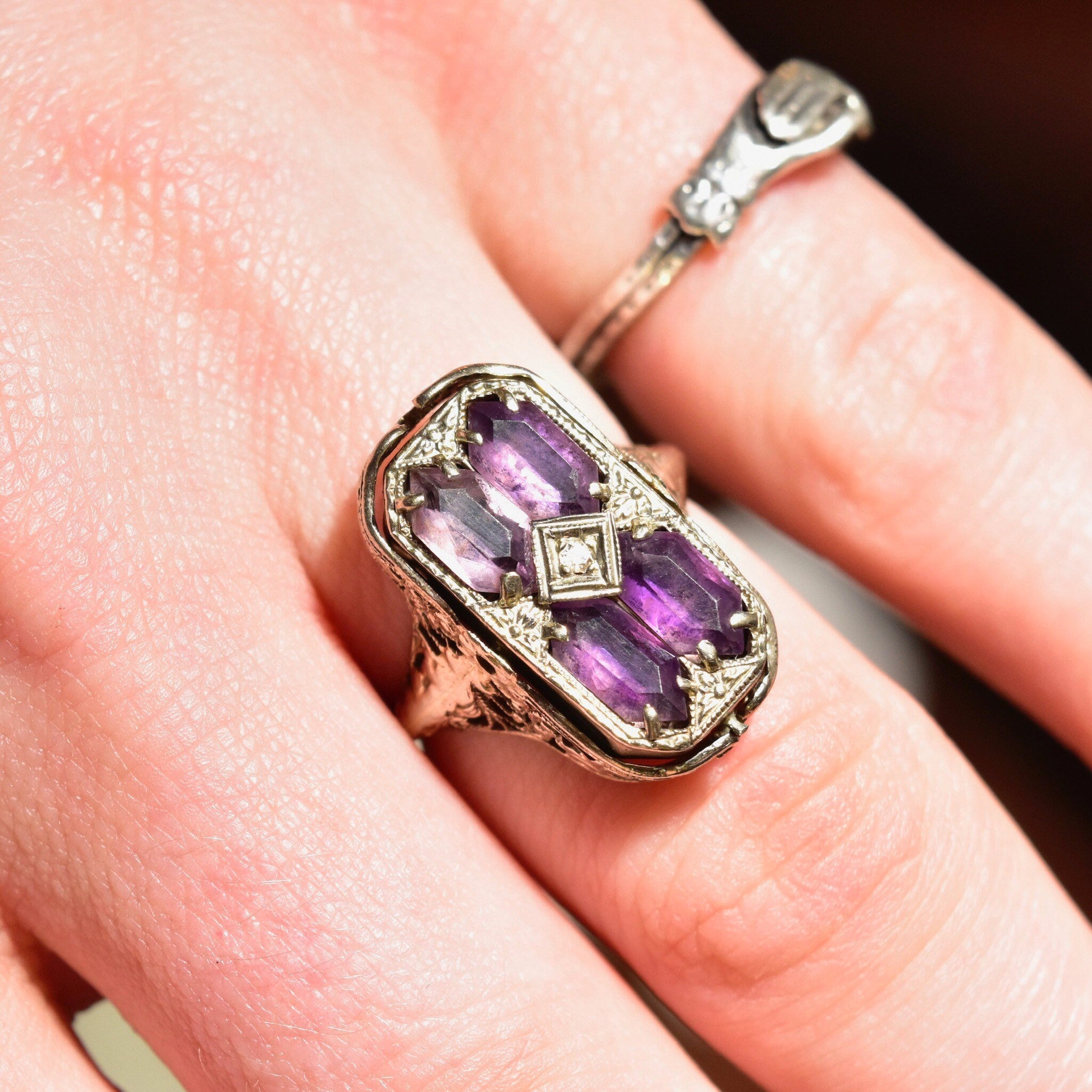 Antique Art Deco 14K White Gold Filigree Flip Ring, Diamond Necklace Lady Cameo, Amethyst Diamond Accent, Reversible Setting, Size 7 US