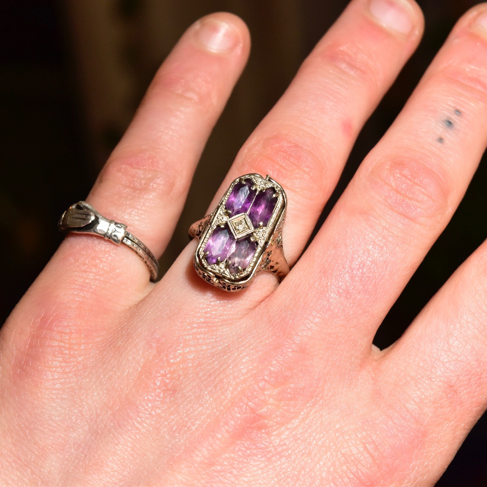 Antique Art Deco 14K White Gold Filigree Flip Ring, Diamond Necklace Lady Cameo, Amethyst Diamond Accent, Reversible Setting, Size 7 US