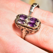 Antique Art Deco 14K White Gold Filigree Flip Ring, Diamond Necklace Lady Cameo, Amethyst Diamond Accent, Reversible Setting, Size 7 US