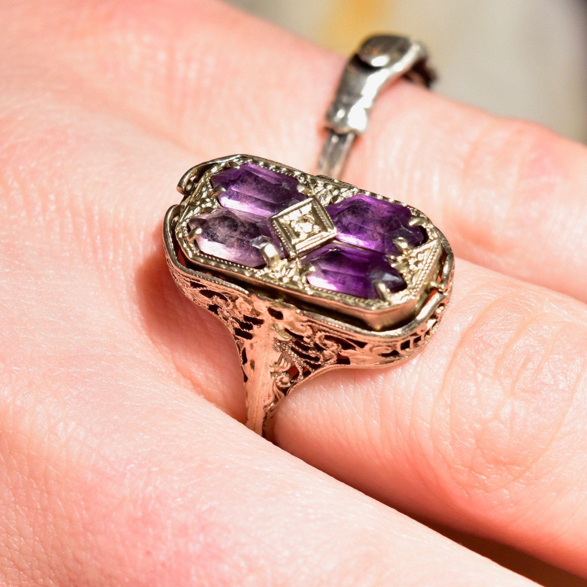 Antique Art Deco 14K White Gold Filigree Flip Ring, Diamond Necklace Lady Cameo, Amethyst Diamond Accent, Reversible Setting, Size 7 US