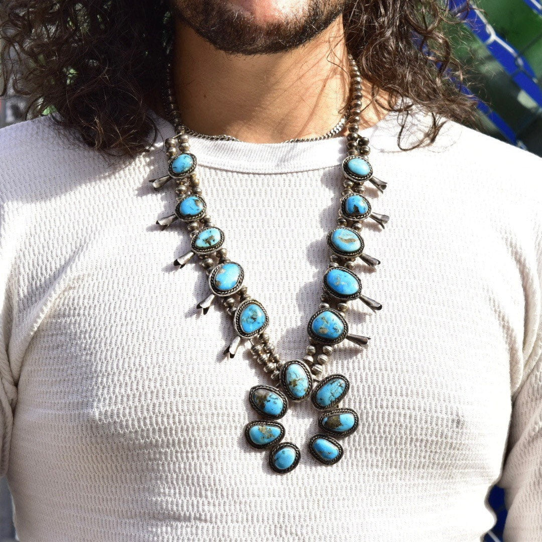 Vintage Navajo Squash Blossom Necklace, Natural Blue Turquoise & Coin Silver, Native American Old Pawn Jewelry, 29" L