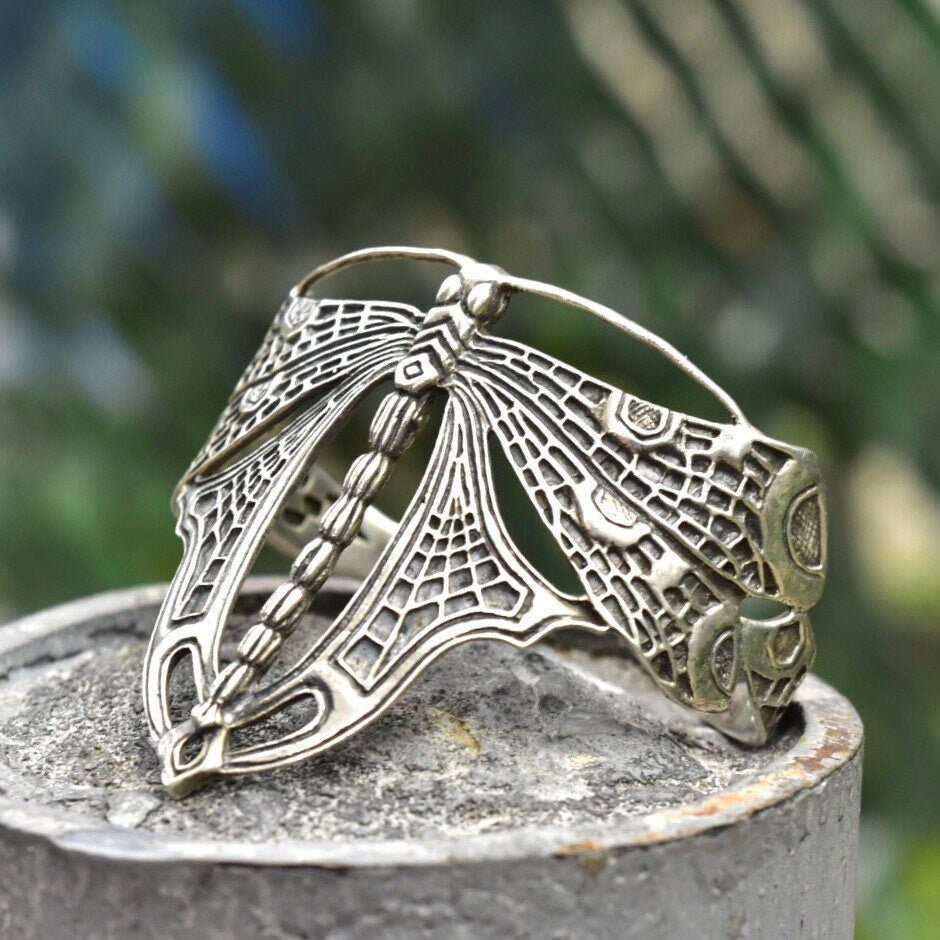 Vintage Sterling Silver Dragonfly Cuff Bracelet, Art Nouveau, Engraved Silver Butterfly Cuff, WTS 925, Adjustable, 5 1/4"