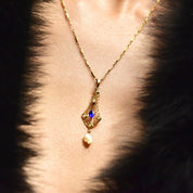 Antique 10K Gold Filigree Blue Sapphire Baroque Pearl Lavaliere Pendant Necklace, Fancy Bar Link Chain, Art Nouveau/Deco Necklace, 18 1/4" L