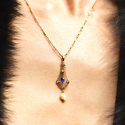 Antique 10K Gold Filigree Blue Sapphire Baroque Pearl Lavaliere Pendant Necklace, Fancy Bar Link Chain, Art Nouveau/Deco Necklace, 18 1/4" L