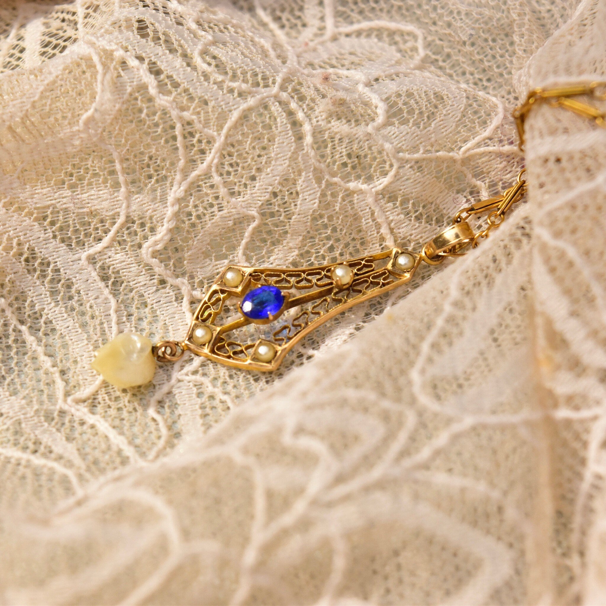 Antique 10K Gold Filigree Blue Sapphire Baroque Pearl Lavaliere Pendant Necklace, Fancy Bar Link Chain, Art Nouveau/Deco Necklace, 18 1/4" L