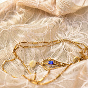Antique 10K Gold Filigree Blue Sapphire Baroque Pearl Lavaliere Pendant Necklace, Fancy Bar Link Chain, Art Nouveau/Deco Necklace, 18 1/4" L