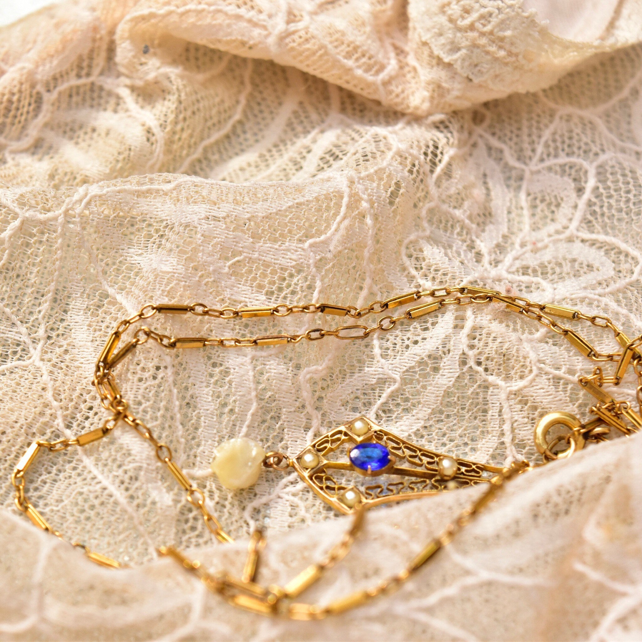 Antique 10K Gold Filigree Blue Sapphire Baroque Pearl Lavaliere Pendant Necklace, Fancy Bar Link Chain, Art Nouveau/Deco Necklace, 18 1/4" L