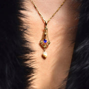 Antique 10K Gold Filigree Blue Sapphire Baroque Pearl Lavaliere Pendant Necklace, Fancy Bar Link Chain, Art Nouveau/Deco Necklace, 18 1/4" L