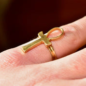 Vintage 14K Gold Ankh Ring, Egyptian Symbol Of Life, Solid Yellow Gold Ankh Ring, 585 Unisex Jewelry, Size 5 US