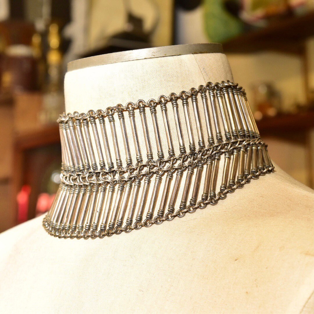 Vintage TAXCO Bohemian Sterling Silver Bib Necklace, Ethnic Jewelry, Solid Silver Statement Necklace, Tube Links, 925 Mexico, 15 1/2" L