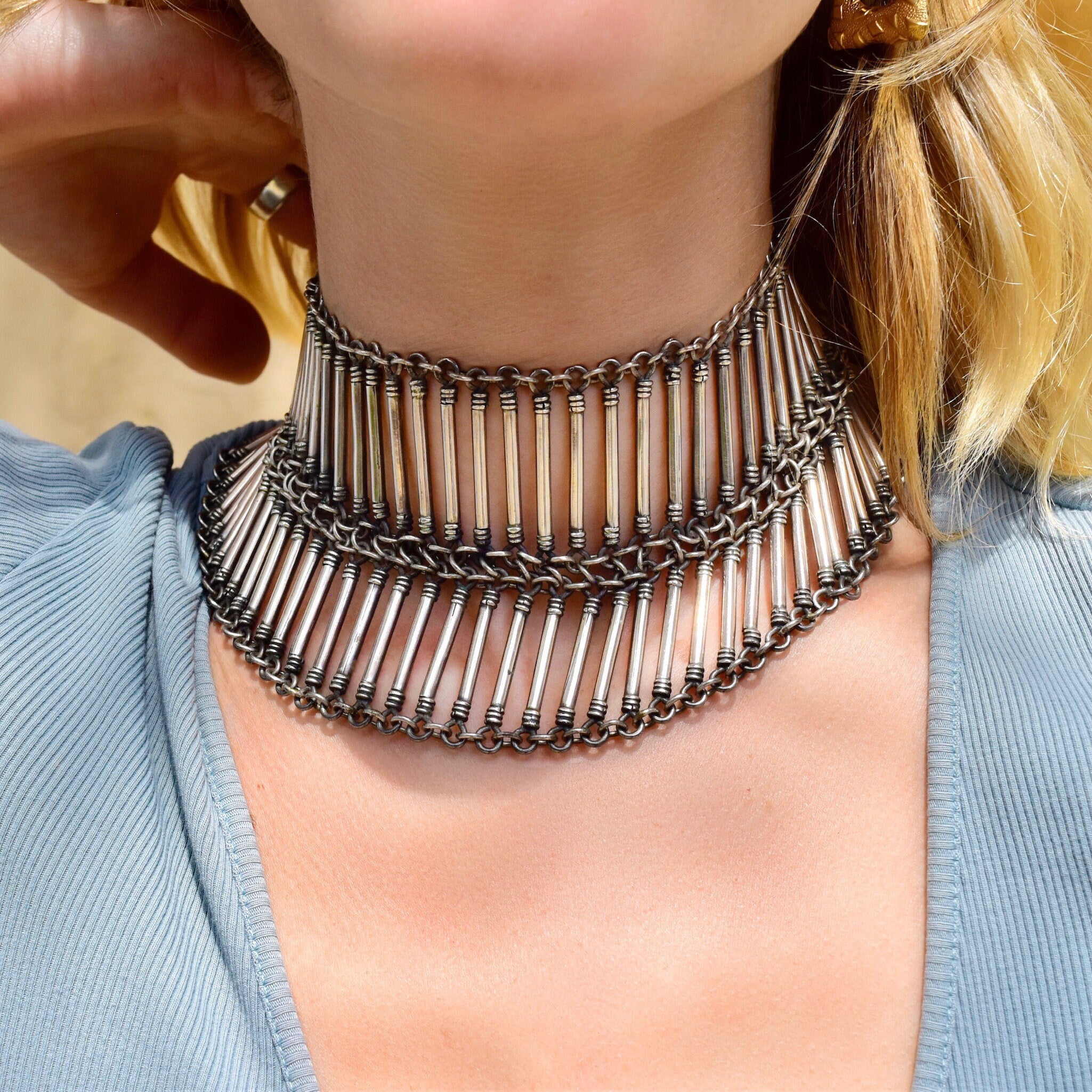 Vintage TAXCO Bohemian Sterling Silver Bib Necklace, Ethnic Jewelry, Solid Silver Statement Necklace, Tube Links, 925 Mexico, 15 1/2" L