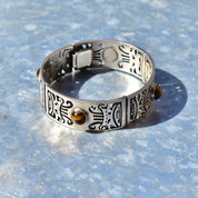 Vintage TAXCO Sterling Silver Tiger's Eye Link Bracelet, Tribal Motifs, Heavy Silver Closed Cuff/Bangle, Security Chain Clasp, 7 1/2"