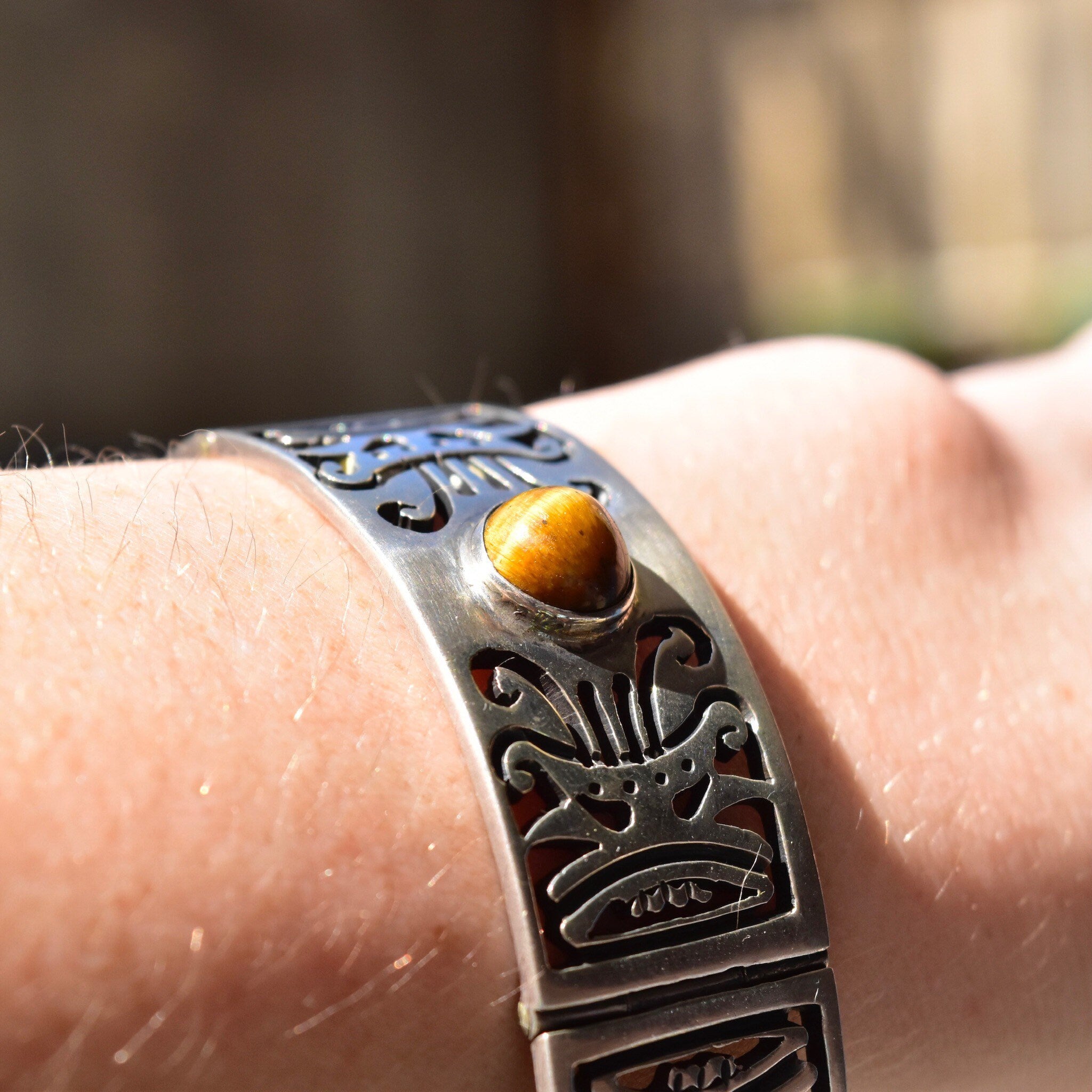 Vintage TAXCO Sterling Silver Tiger's Eye Link Bracelet, Tribal Motifs, Heavy Silver Closed Cuff/Bangle, Security Chain Clasp, 7 1/2"