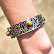 Vintage TAXCO Sterling Silver Tiger's Eye Link Bracelet, Tribal Motifs, Heavy Silver Closed Cuff/Bangle, Security Chain Clasp, 7 1/2"