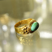 Chinese 22KT Jade Ring, Nature Jadeite Jade Cabochon, Ornate Yellow Gold Gemstone Saddle Ring, Size 4 3/4 US