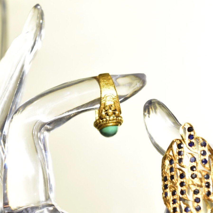Chinese 22KT Jade Ring, Nature Jadeite Jade Cabochon, Ornate Yellow Gold Gemstone Saddle Ring, Size 4 3/4 US