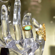 Chinese 22KT Jade Ring, Nature Jadeite Jade Cabochon, Ornate Yellow Gold Gemstone Saddle Ring, Size 4 3/4 US