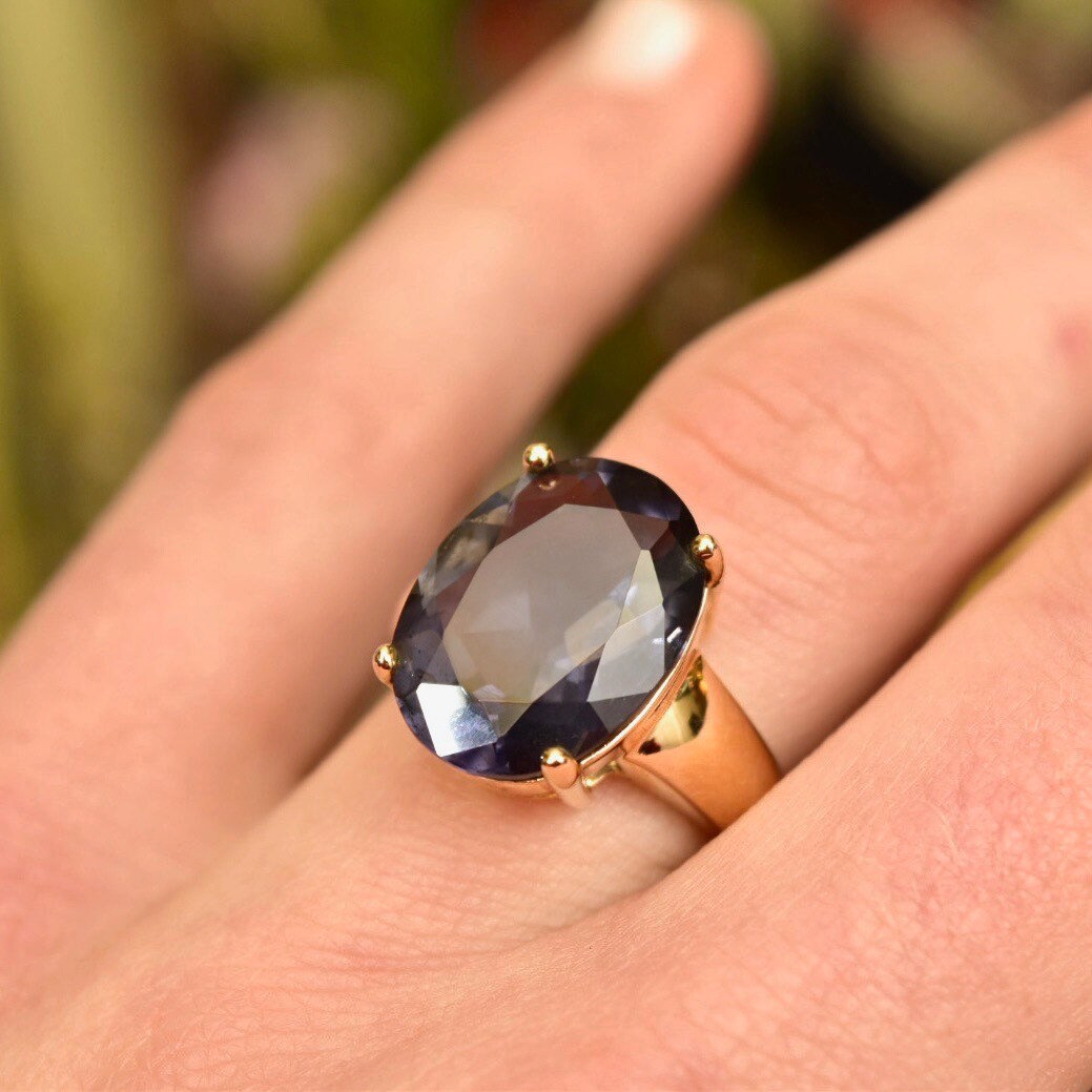 Vintage Gold Plated Sterling Silver Blue Gemstone Ring, Simulated Oval-Cut Gemstone, 925 Gold-Tone Cocktail Ring, Size 7 US