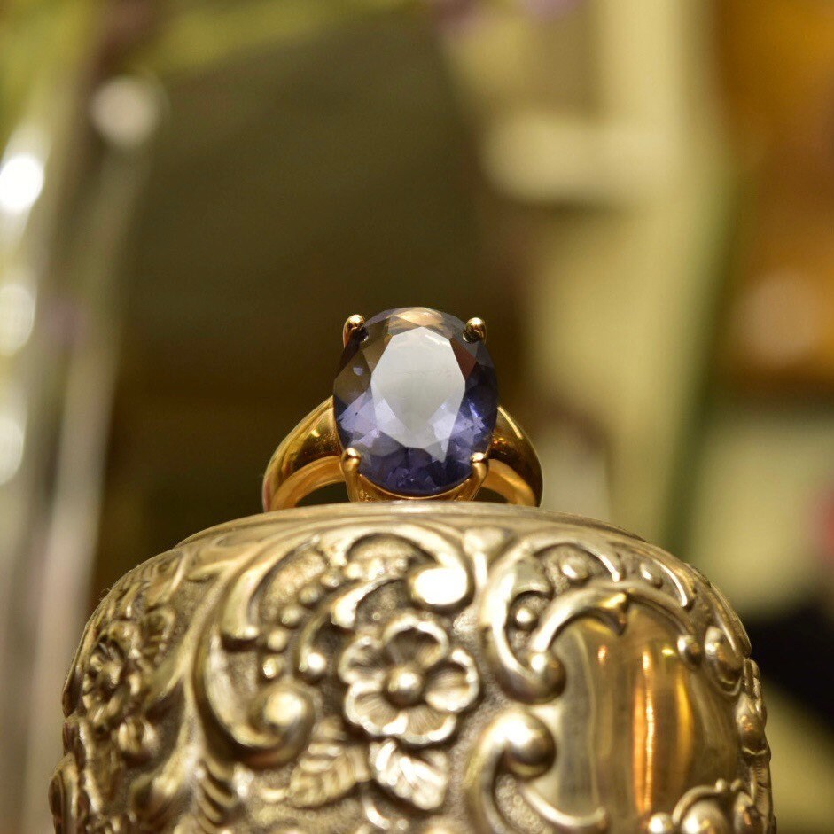 Vintage Gold Plated Sterling Silver Blue Gemstone Ring, Simulated Oval-Cut Gemstone, 925 Gold-Tone Cocktail Ring, Size 7 US