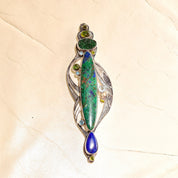 Retro 'The Dreamer' Abstract Modernist Sterling Silver Multi-Stone Brooch Pendant, Technicolor Green & Blue Gemstones, , 4 7/8" L
