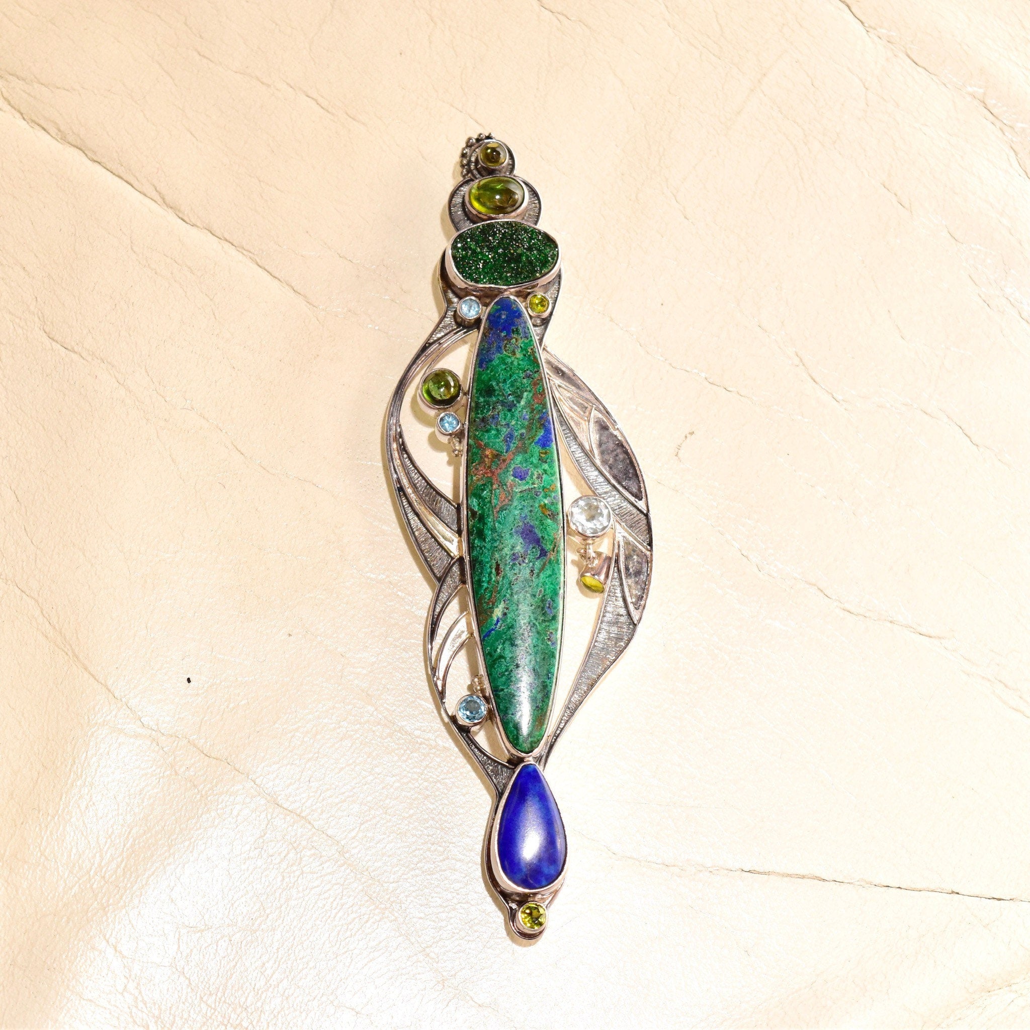 Retro 'The Dreamer' Abstract Modernist Sterling Silver Multi-Stone Brooch Pendant, Technicolor Green & Blue Gemstones, , 4 7/8" L