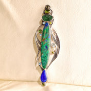 Retro 'The Dreamer' Abstract Modernist Sterling Silver Multi-Stone Brooch Pendant, Technicolor Green & Blue Gemstones, , 4 7/8" L