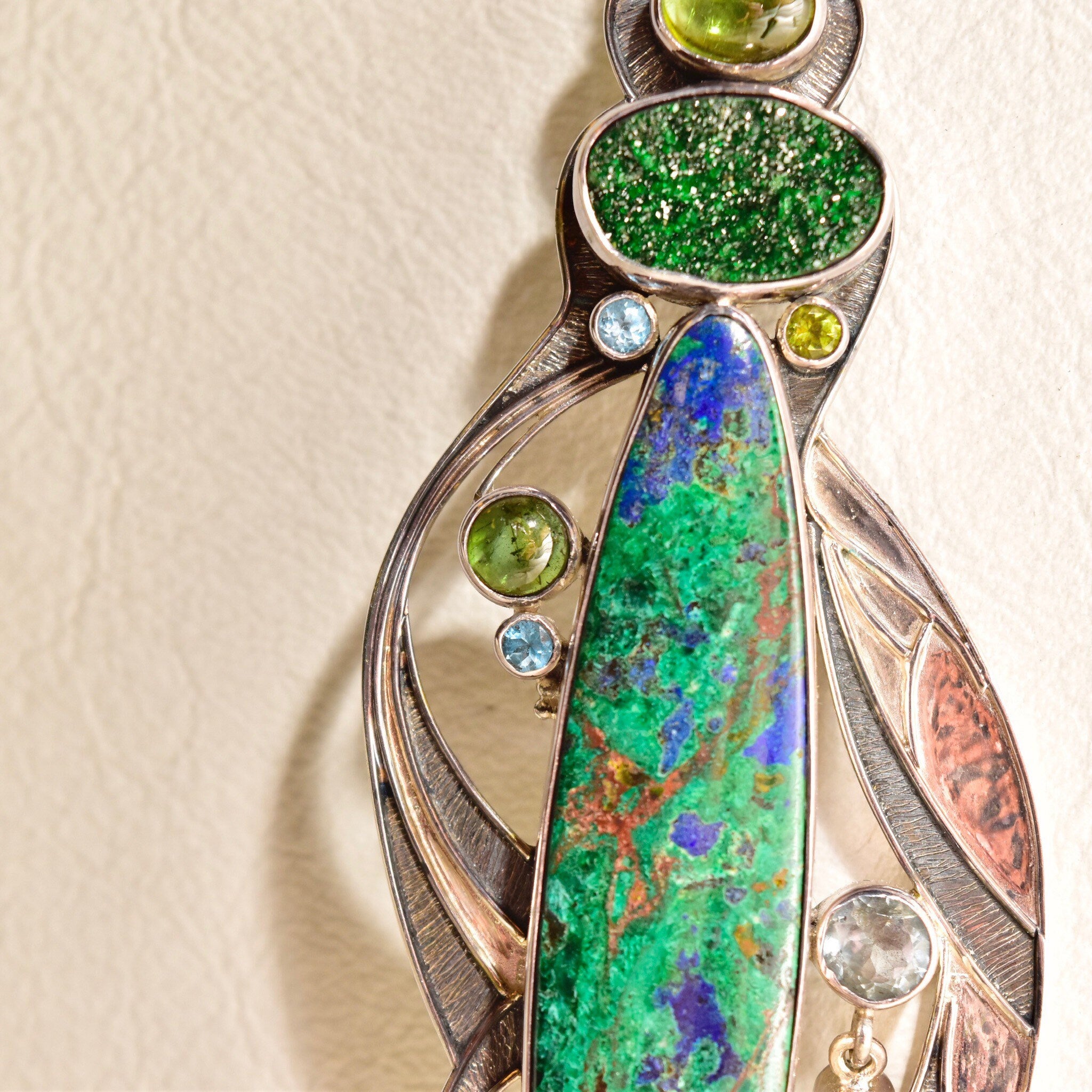 Retro 'The Dreamer' Abstract Modernist Sterling Silver Multi-Stone Brooch Pendant, Technicolor Green & Blue Gemstones, , 4 7/8" L