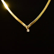 Vintage 14K Gold Herringbone Chevron Diamond Solitaire Necklace, .11 CT Brilliant Diamond, Decollete Necklace 20 1/2"