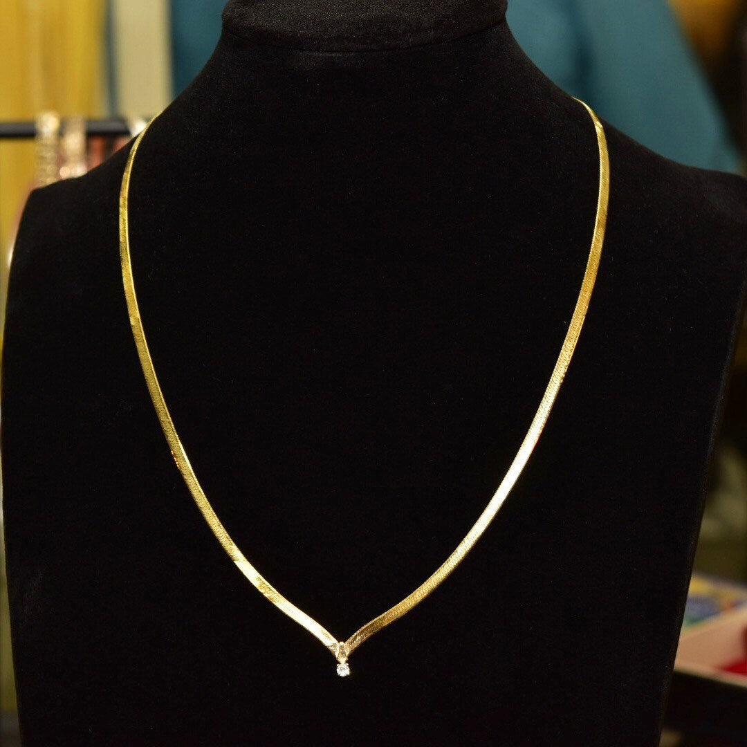 Vintage 14K Gold Herringbone Chevron Diamond Solitaire Necklace, .11 CT Brilliant Diamond, Decollete Necklace 20 1/2"
