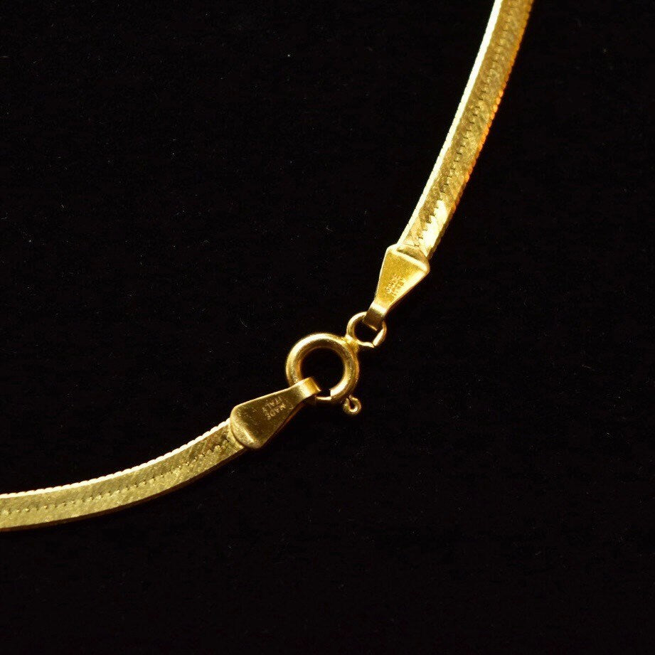 Vintage 14K Gold Herringbone Chevron Diamond Solitaire Necklace, .11 CT Brilliant Diamond, Decollete Necklace 20 1/2"