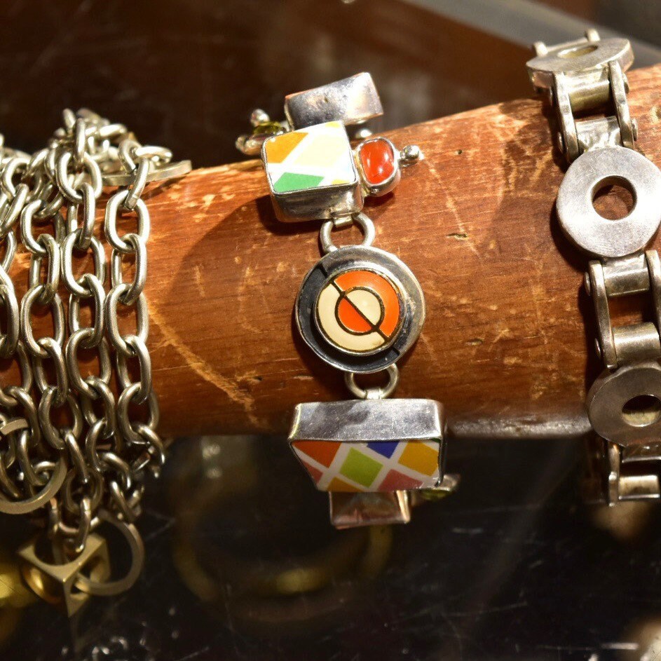 Retro 'Echo Of The Dreamer' Sterling Silver Orange Enamel Charm Bracelet, Chunky Color Link Bracelet, Gemstone Accents, Toggle Clasp, 8 1/2"