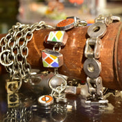 Retro 'Echo Of The Dreamer' Sterling Silver Orange Enamel Charm Bracelet, Chunky Color Link Bracelet, Gemstone Accents, Toggle Clasp, 8 1/2"