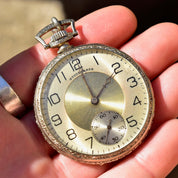 Antique South Bend STUDEBAKER 14K WG Filled Pocket Watch W/ Chain, Railroad Grade, 21 Jewel Movement, Decorative Etched Case, Working