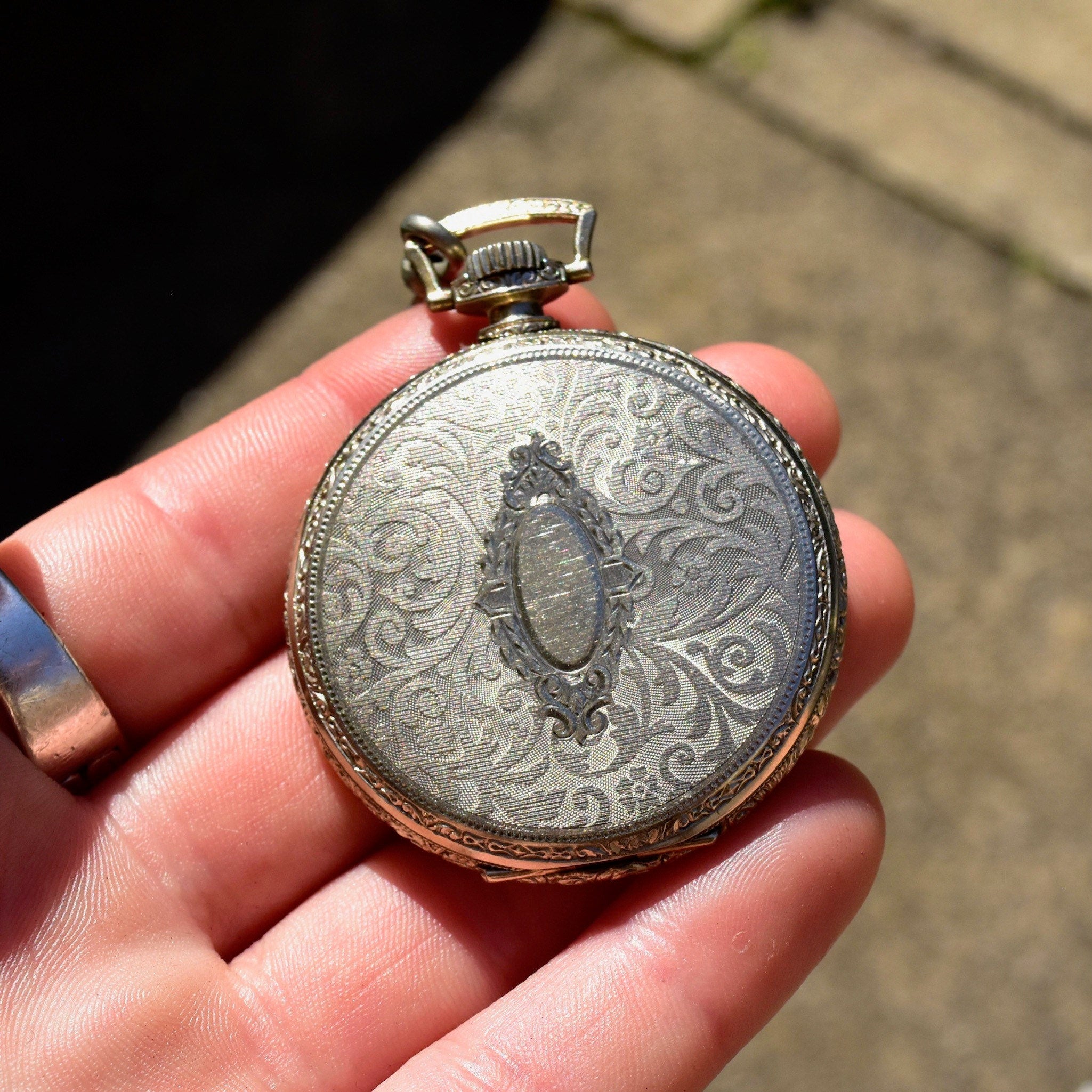 Antique South Bend STUDEBAKER 14K WG Filled Pocket Watch W/ Chain, Railroad Grade, 21 Jewel Movement, Decorative Etched Case, Working