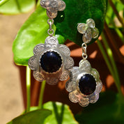 Vintage Navajo MANYGOATS Sterling Silver Black Onyx Flower Pierced Dangle Earrings, Engraved Designs, Native American Jewelry, 2 3/8" L