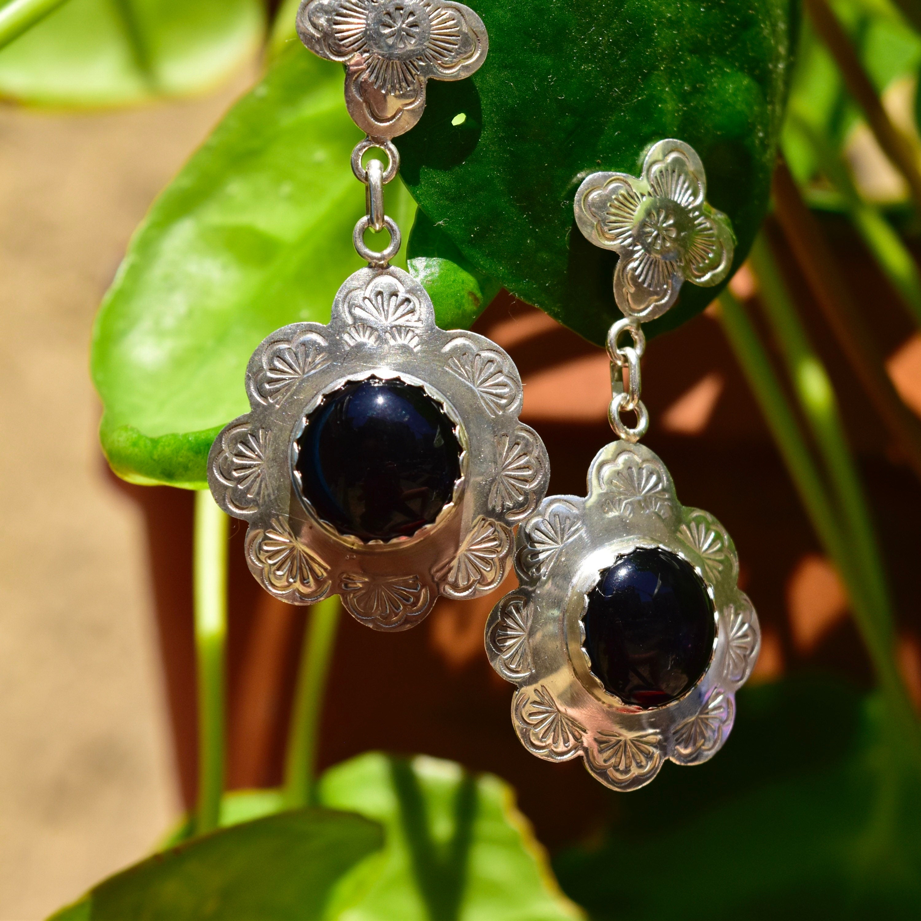 Vintage Navajo MANYGOATS Sterling Silver Black Onyx Flower Pierced Dangle Earrings, Engraved Designs, Native American Jewelry, 2 3/8" L