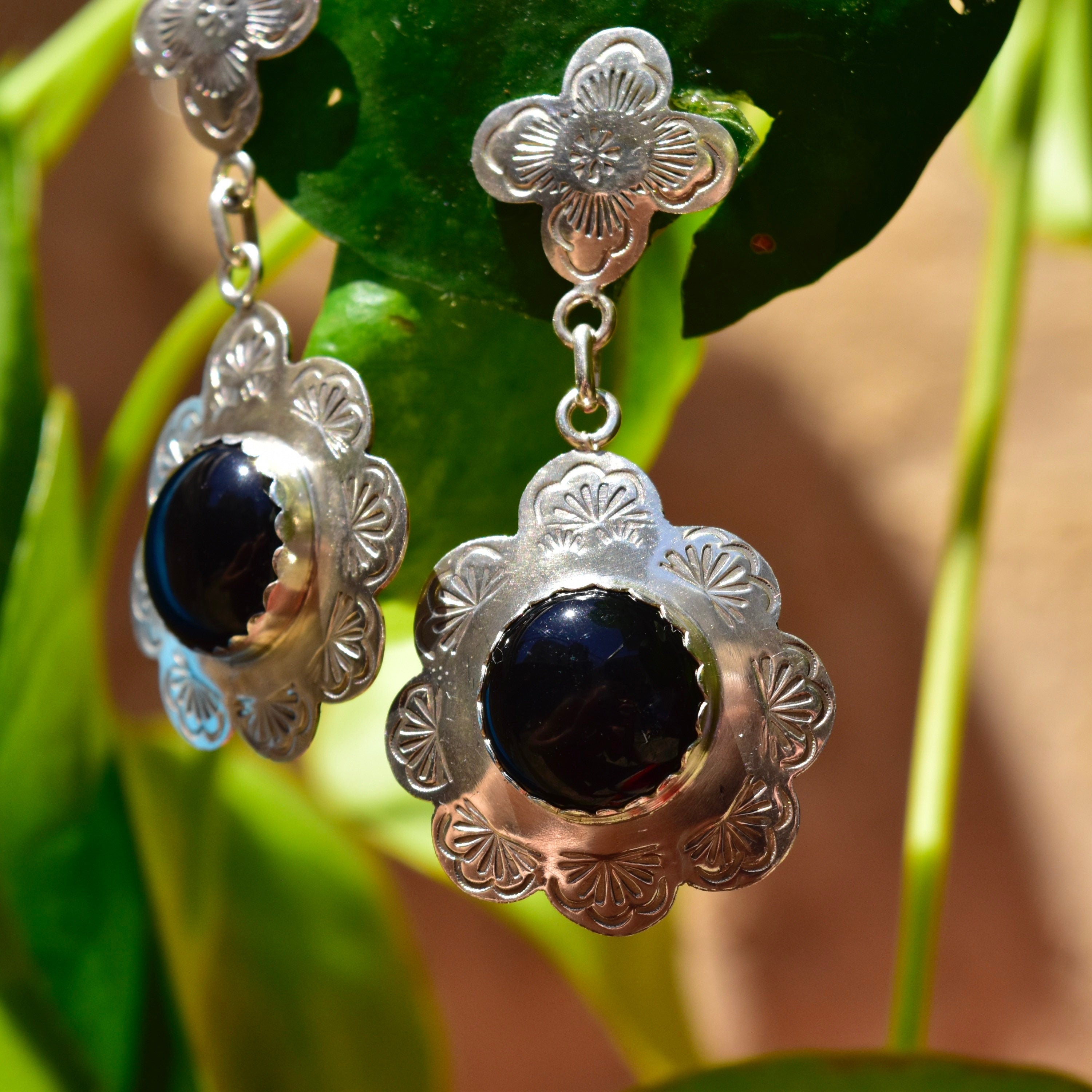 Vintage Navajo MANYGOATS Sterling Silver Black Onyx Flower Pierced Dangle Earrings, Engraved Designs, Native American Jewelry, 2 3/8" L