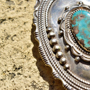Vintage Hallmarked Native American Sterling Silver Turquoise Belt Buckle, Ornate Silver Concho W/ Natural Turquoise Stone, 'W Sterling',