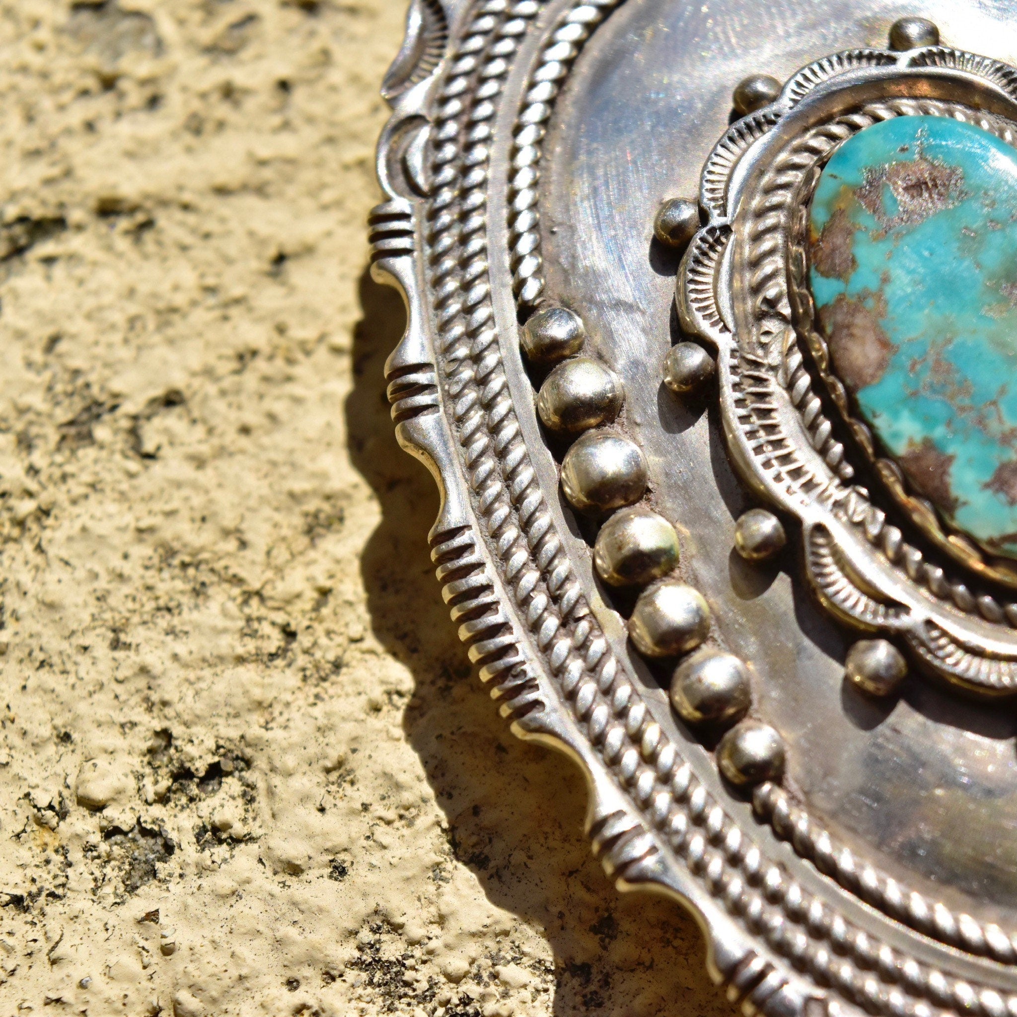 Vintage Hallmarked Native American Sterling Silver Turquoise Belt Buckle, Ornate Silver Concho W/ Natural Turquoise Stone, 'W Sterling',