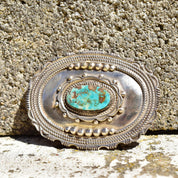 Vintage Hallmarked Native American Sterling Silver Turquoise Belt Buckle, Ornate Silver Concho W/ Natural Turquoise Stone, 'W Sterling',